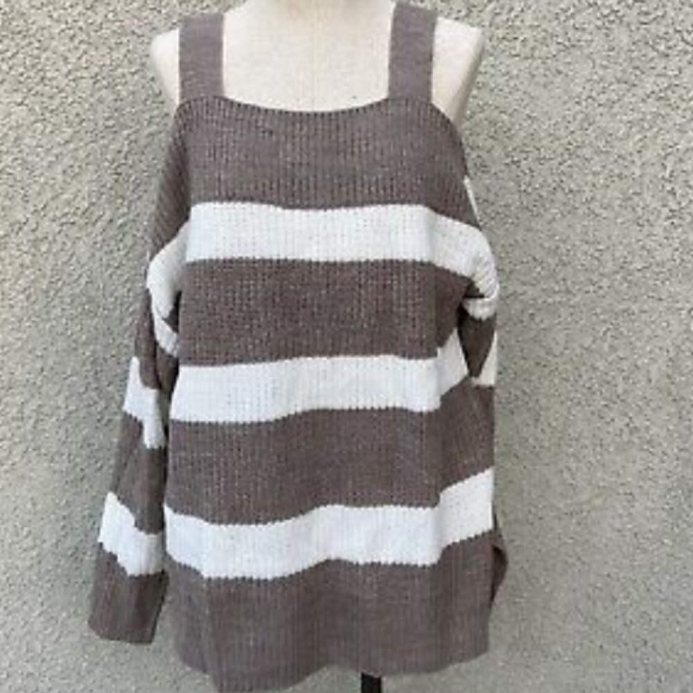 NY&Co Soho Cold Shoulder Stripe Knit Sweater Gray